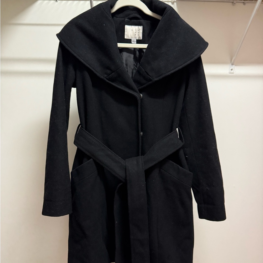 Black Trench Coat with Dramatic Shawl Collar and Defined Waist